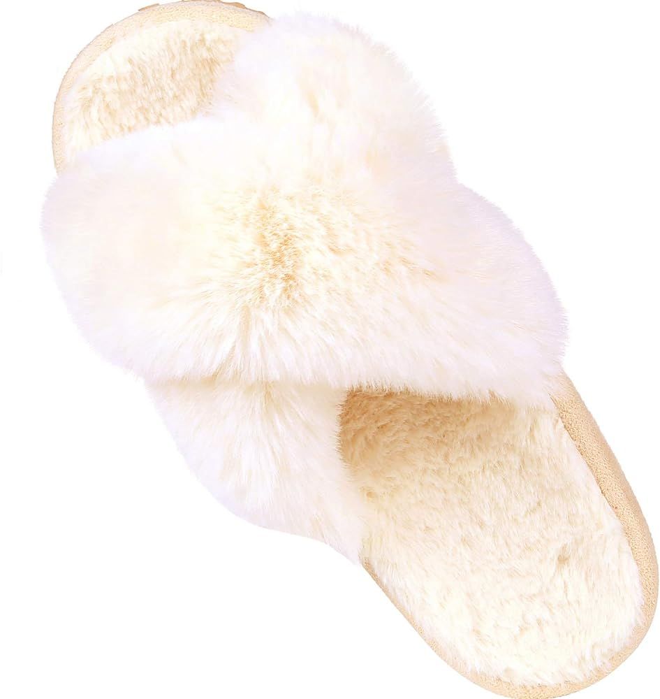 Women's Soft Plush Lightweight House Slippers Non Slip Cross Band Slip on Open Toe Cozy Indoor Ou... | Amazon (US)