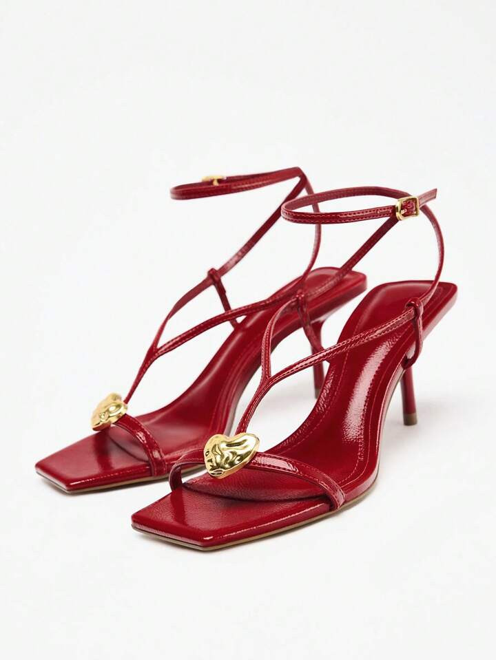 Women Sandals 2025 Spring Summer New Strappy High Heel Sandals, Red Heart Metal Decor Lacquered Leather Heel Sexy Party Wedding Fashion Sandals | SHEIN