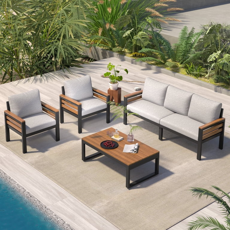 4-Piece Outdoor Patio Conversation Set, Modern Iron Patio Furniture Set for 5 People with Acacia ... | Walmart (US)