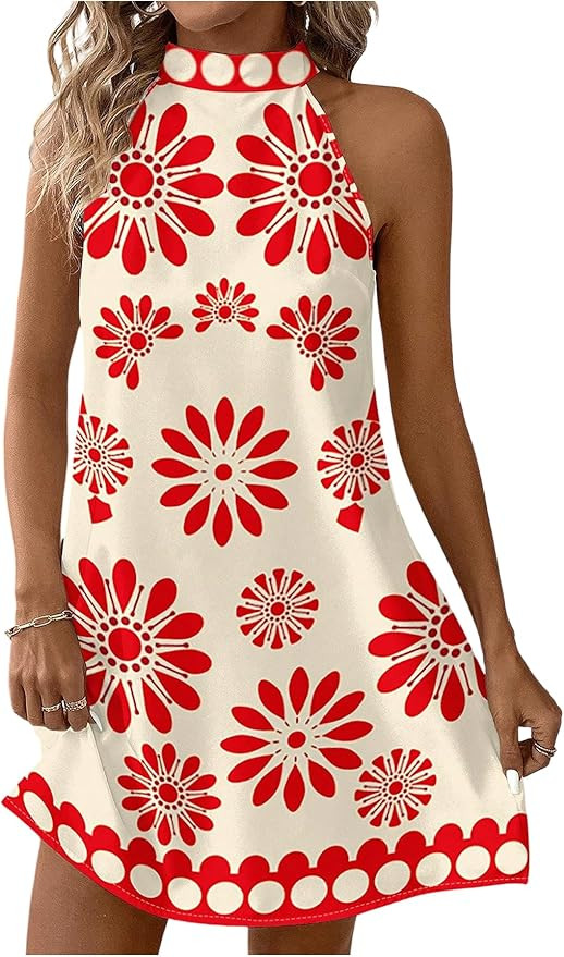 Floerns Women's Sleeveless Floral Print Sundress Halter Neck A Line Short Dress | Amazon (US)