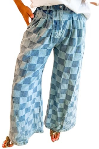 Melliflo Women's Plaid Jeans Checkered Denim Wide Leg Pants Trendy Baggy Elastic Waisted Trousers with Pockets | Amazon (US)