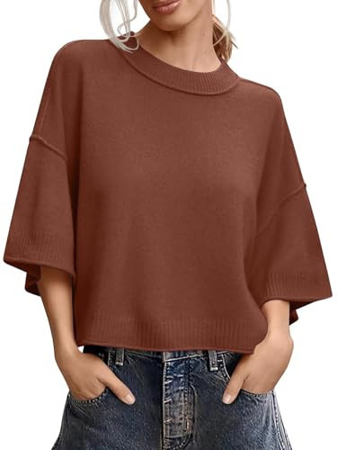 Skoinvb Women's Short Sleeve Cropped Sweaters 2025 Summer Oversized Loose Fit Drop Shoulder Casual Sweater Tops Brown L | Amazon (US)