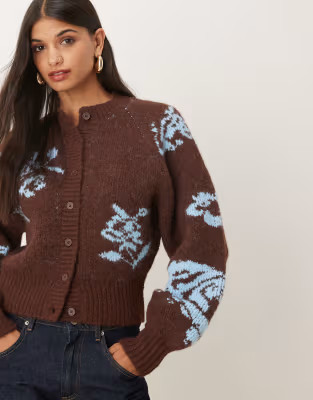 ASOS DESIGN placement floral raglan cardigan in chocolate | ASOS | ASOS (Global)