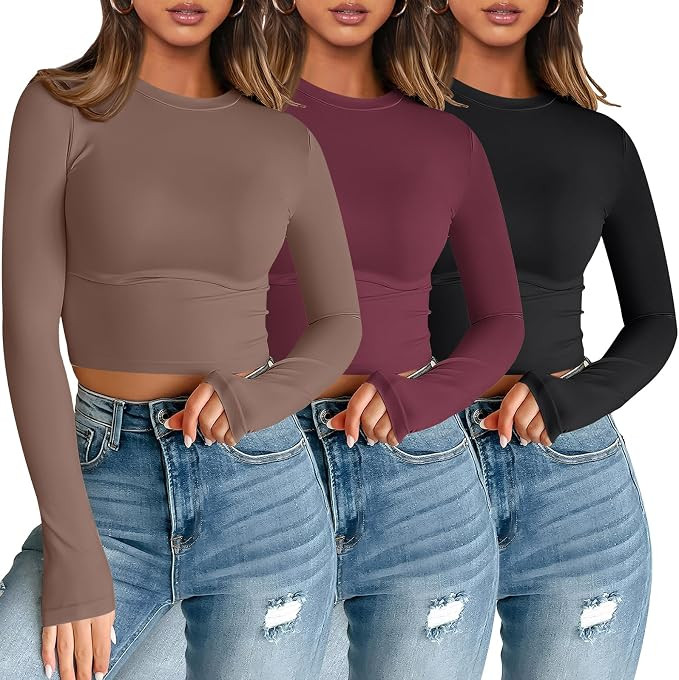 AUTOMET 3 Pack Womens Long Sleeve Shirts Y2K Going Out Crop Tops Cute Basic Slim Fitted Fall Fash... | Amazon (US)