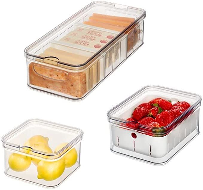 The Spruce by iDesign 3-Piece Plastic Refrigerator Organizer Bin Set with Lids, Clear/White | Amazon (US)