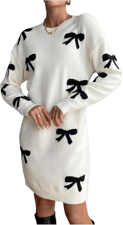 MakeMeChic Women's Bow Knot Pattern Crew Neck Sweater Dress Long Sleeve Straight Hem Short Dresse... | Amazon (US)