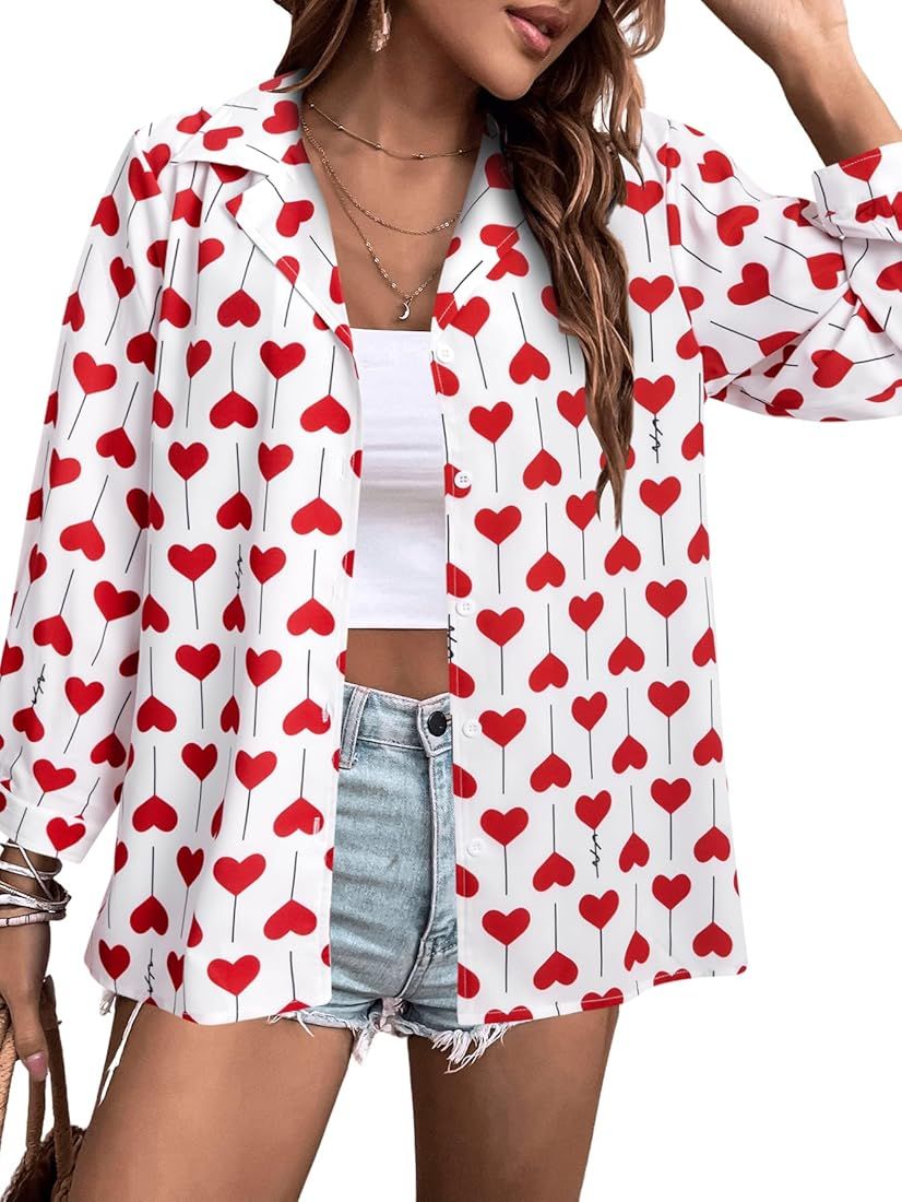 Love Heart Shirt Women Happy Valentine's Day Graphic Shirts Casual V Neck Button Down Long Sleeve... | Amazon (US)