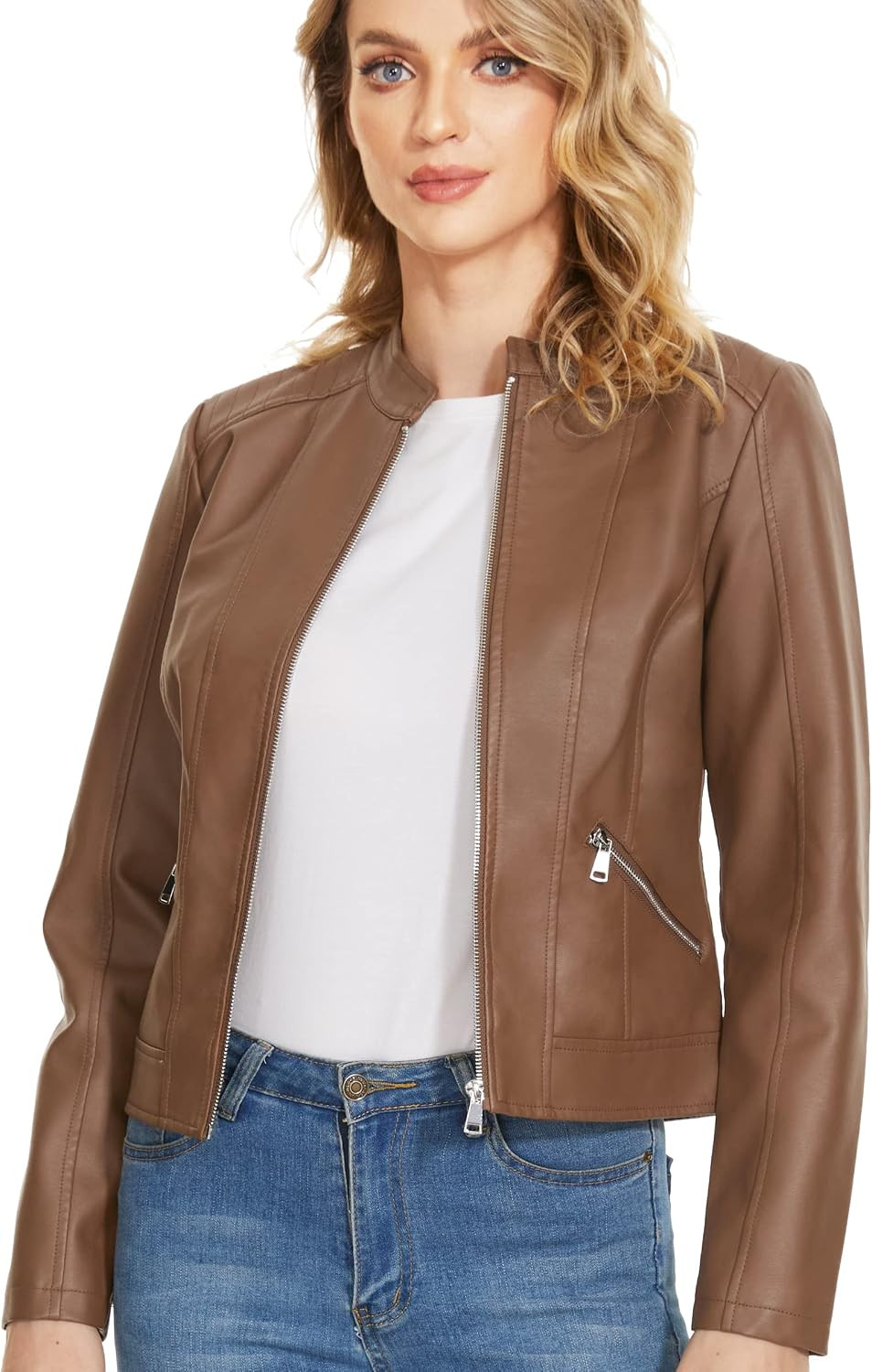 Zip Leather Jackets for Women Motorcycle Faux PU Moto Biker Outwear Coat | Amazon (US)