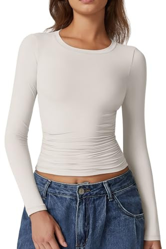 QINSEN Womens Crewneck Long Sleeve Shirt Double Lined Basic Tees Side Ruched Going Out Crop Tops | Amazon (US)