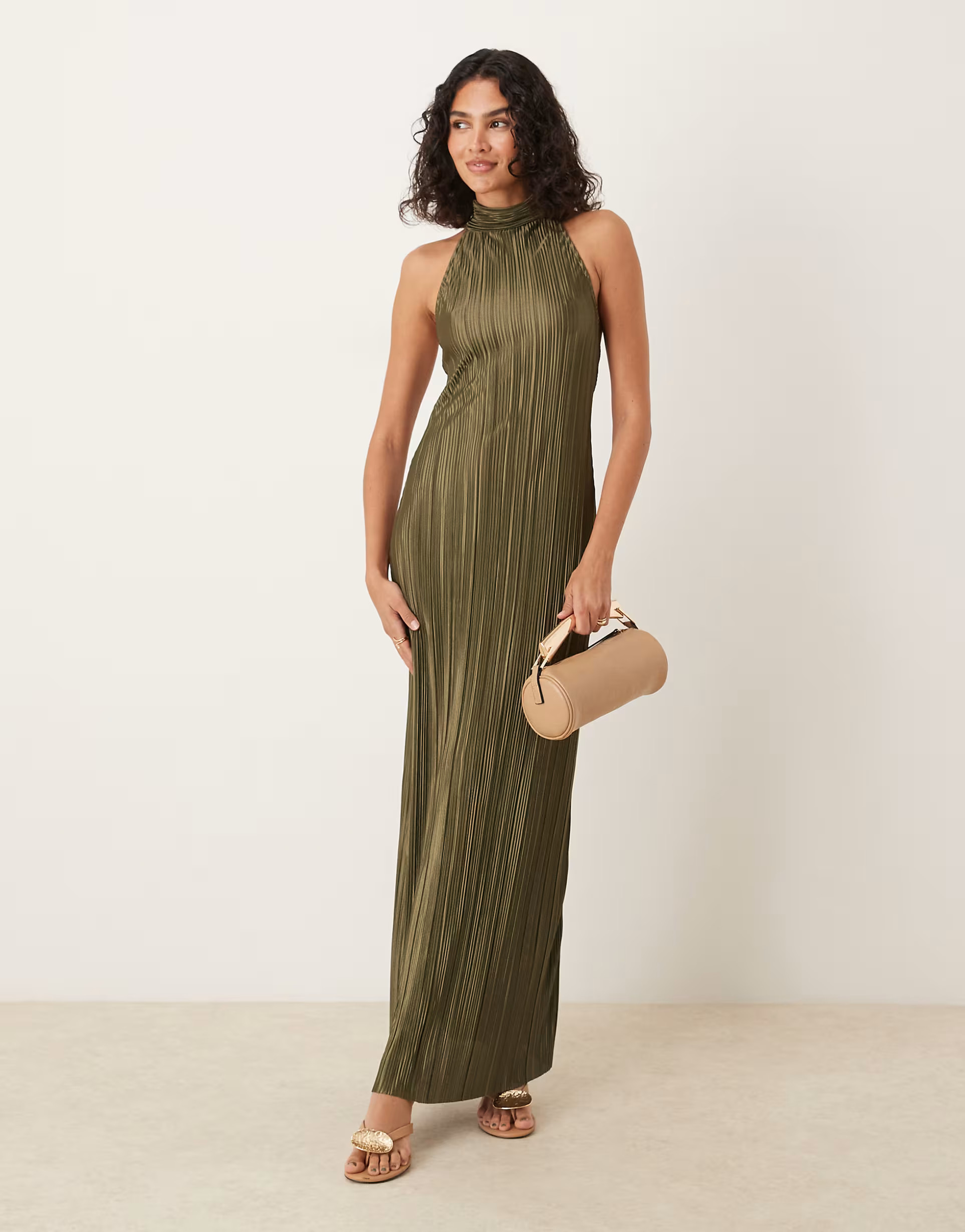 ASOS DESIGN plisse halter tie maxi dress in khaki green | ASOS | ASOS (Global)