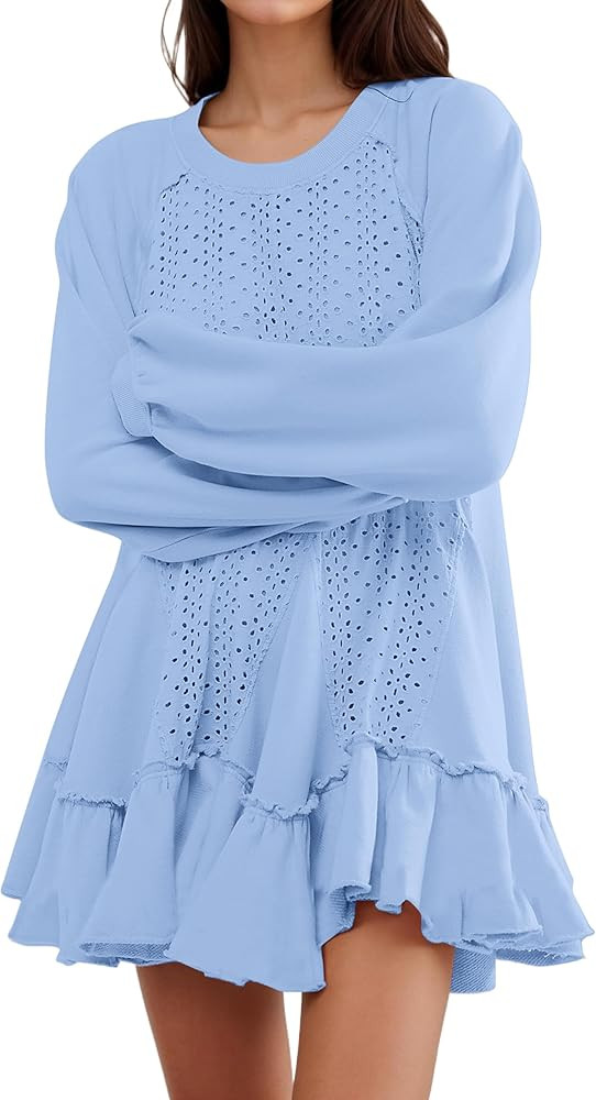 Women Oversized Sweatshirt Dress Hollow Out Patchwork Ruffle Hem Pullover Short Dresses Raglan Sl... | Amazon (US)