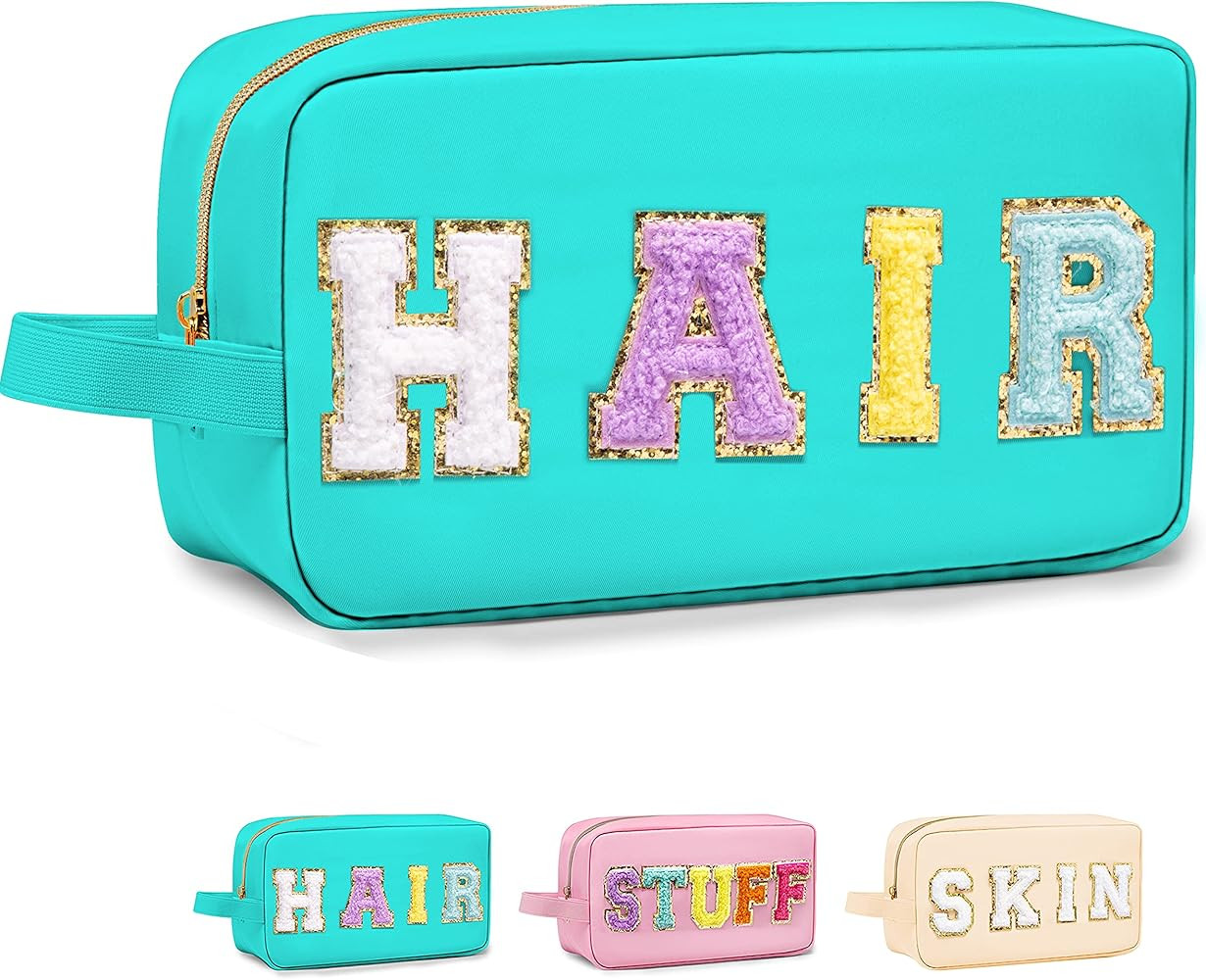 Preppy Makeup Bag for Women Girls, Cosmetic Bag Letter Pouch Purse with Handle, Waterproof Portable Glitter Nylon Travel Toiletry Hair Organizer with Zipper Easter Basket Stuffers, Blue | Amazon (US)