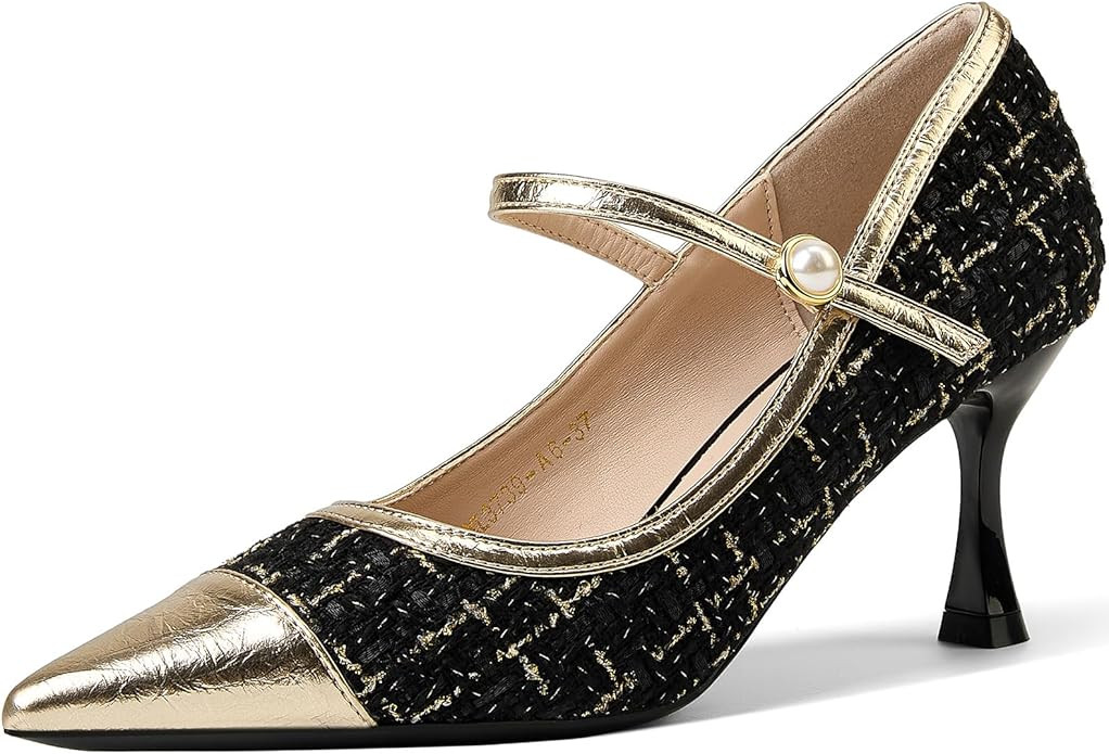 GOSERCE Women's Kitten Pumps Mary Jane Pearl Buckle Glitter Sparkly Strap Splicing Patent Pointed... | Amazon (US)