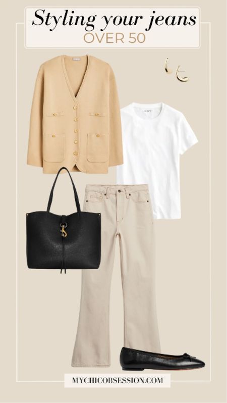 A relaxed fit bootcut jean gets us started on this look. A white tee shirt keeps things simple on top. Layer this sweater blazer on top, adding even more subtle structure. Gold hardware on the black tote and gold jewelry tie the look together.

#LTKSeasonal #LTKstyletip #LTKover40