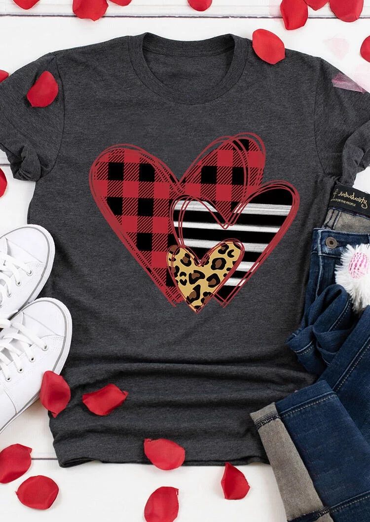 Women's Fashion Valentine's Day Striped Plaid Leopard Print Stitching Heart Printed Round Neck Sh... | Walmart (US)
