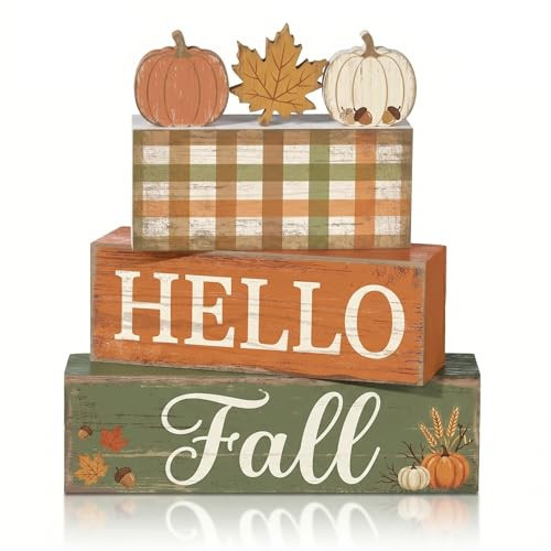 4 Pcs Fall Table Decorations, Hello Fall Tiered Tray Decor, Farmhouse Wooden Block Signs with Pumpkin & Maple Leaf, Rustic Buffalo Plaid Thanksgiving Tabletop Centerpiece for Home Kitchen Shelf | Amazon (US)