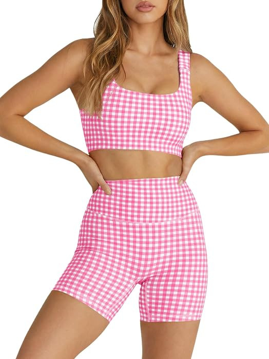 Womens Workout Gingham 2 Piece Outfits Padded Crop Tank Sports Shorts Sets | Amazon (US)