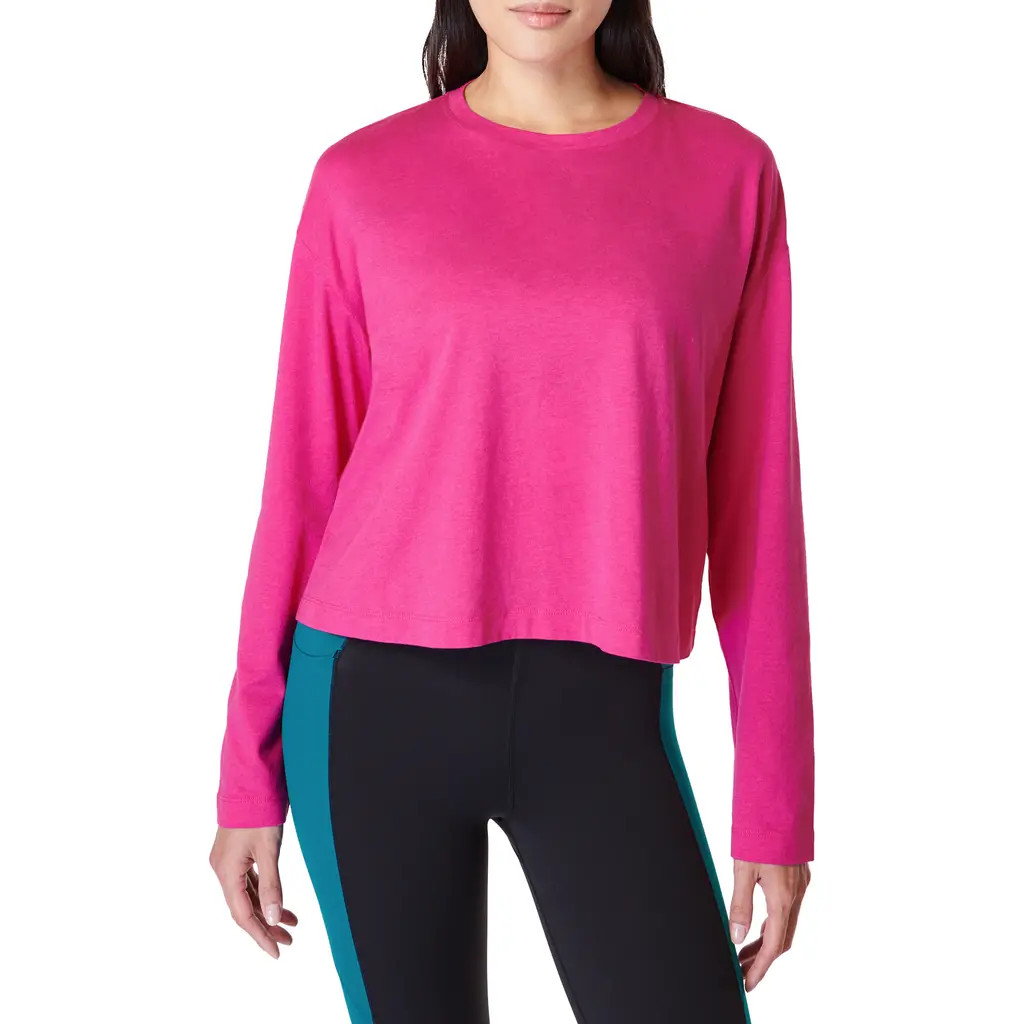Sweaty Betty Essential Long Sleeve Organic Cotton Blend Crop T-Shirt in Beet Pink at Nordstrom, S... | Nordstrom