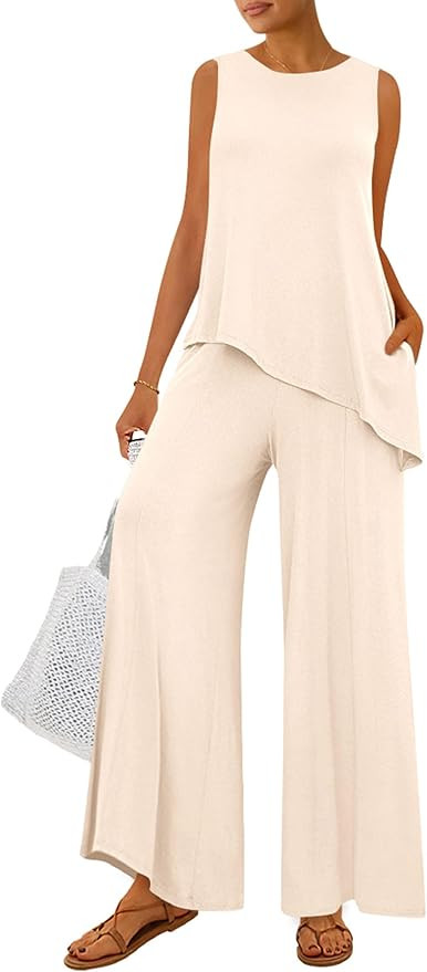 PRETTYGARDEN Women's 2025 Two Piece Matching Lounge Sets Asymmetrical Split Tank Tops Wide Leg Pa... | Amazon (US)