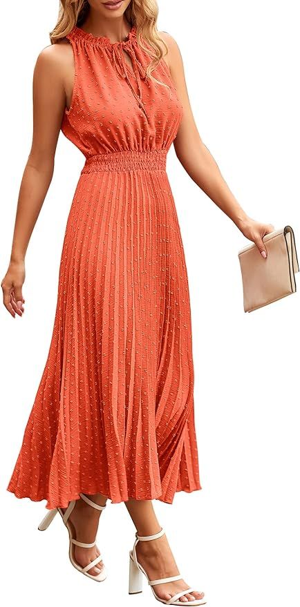 PRETTYGARDEN Women's Midi Summer Dresses Casual V Neck Swiss Dot Ruffle Sleeveless A Line Beach S... | Amazon (US)