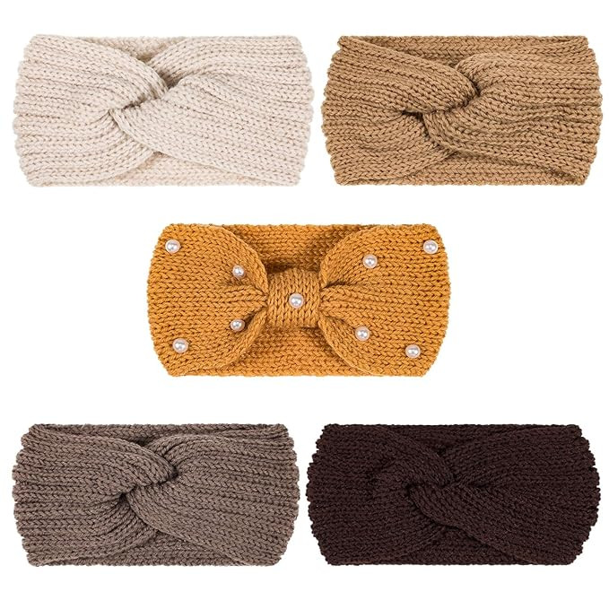 Whaline 5 Pieces Winter Knit Headbands Chunky Knit Headbands,4 Elastic Turban Head Wraps and 1 Pe... | Amazon (US)