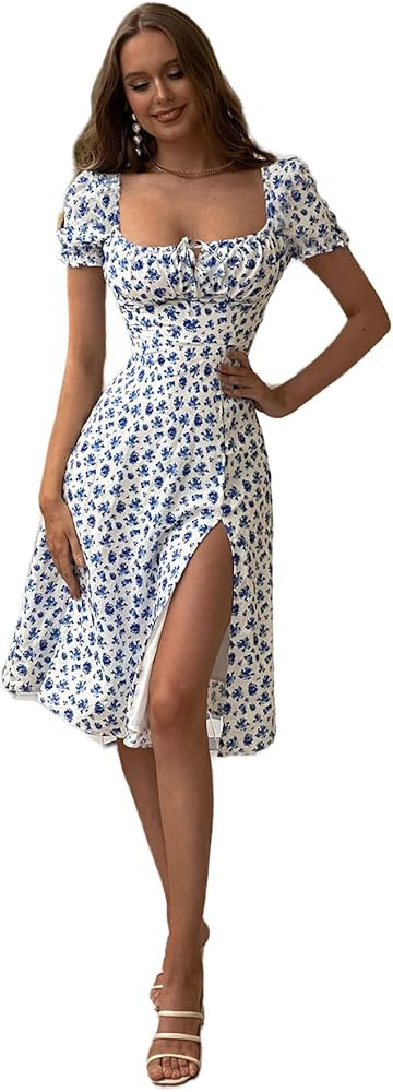 Floerns Women's Ditsy Floral Sweetheart Puff Sleeve A Line Midi Dress | Amazon (US)