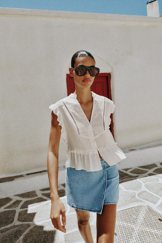 Zara - Embroidered Ruffle Top - White - Xs - Woman | Zara US