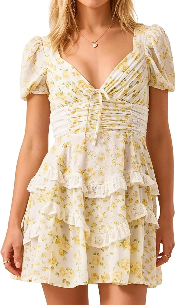 Women Floral Mini Dress Puff Sleeve V Neck Lace Patchwork Ruffle Tiered Backless Dress Senior Pic... | Amazon (US)