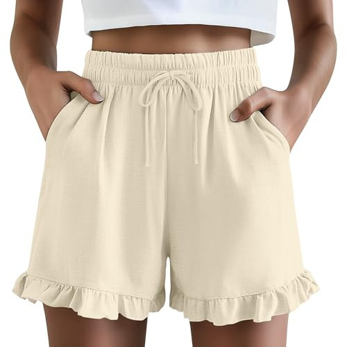 Neer Women's Linen Short, Ruffle Casual Summer Short Drawstring Elastic Waist Beach Lightweight Cute Outfit with Pockets(Apricot,Small) | Amazon (US)