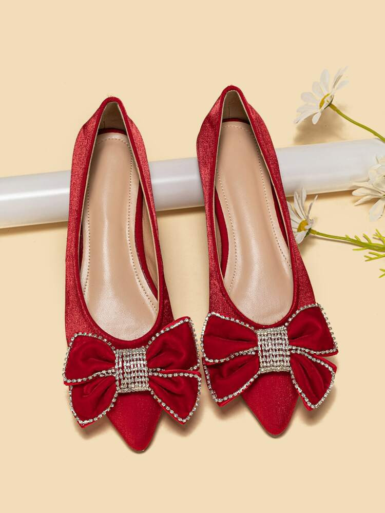 Rhinestone & Bow Decor Point Toe Satin Ballet Flats | SHEIN