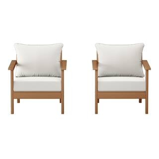 Birchwood Teak Outdoor Patio (Set of 2) Deep Seating HDPE Lounge Chairs w/ White Cushions | The Home Depot