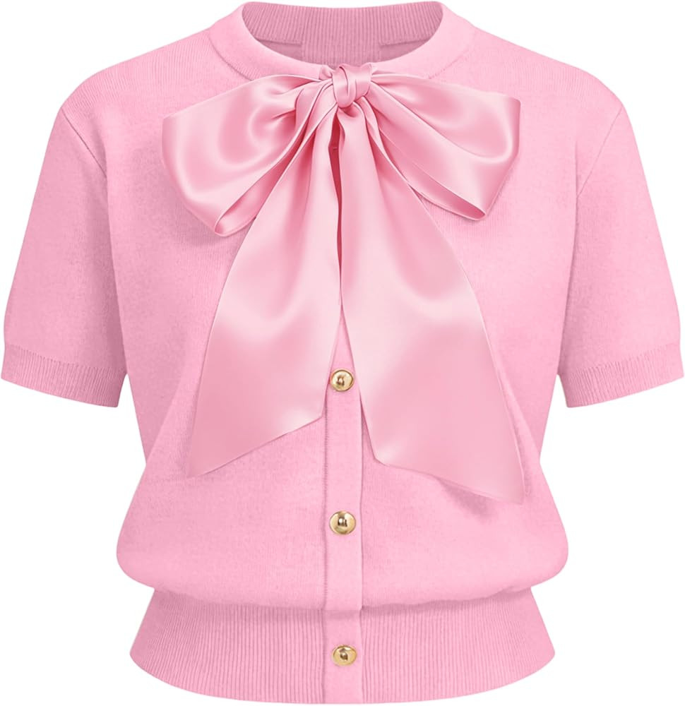 Yeokou Women's Satin Bow Short Sleeve Knit Cardigan Metal Button Crew Neck Casual Sweater Top for... | Amazon (US)