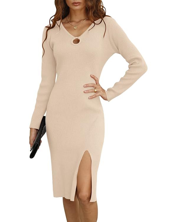 DEEP SELF Sweater Dress Women Long Sleeve Bodycon Dress Knit Drawstring V Neck Midi Dresses with ... | Amazon (US)