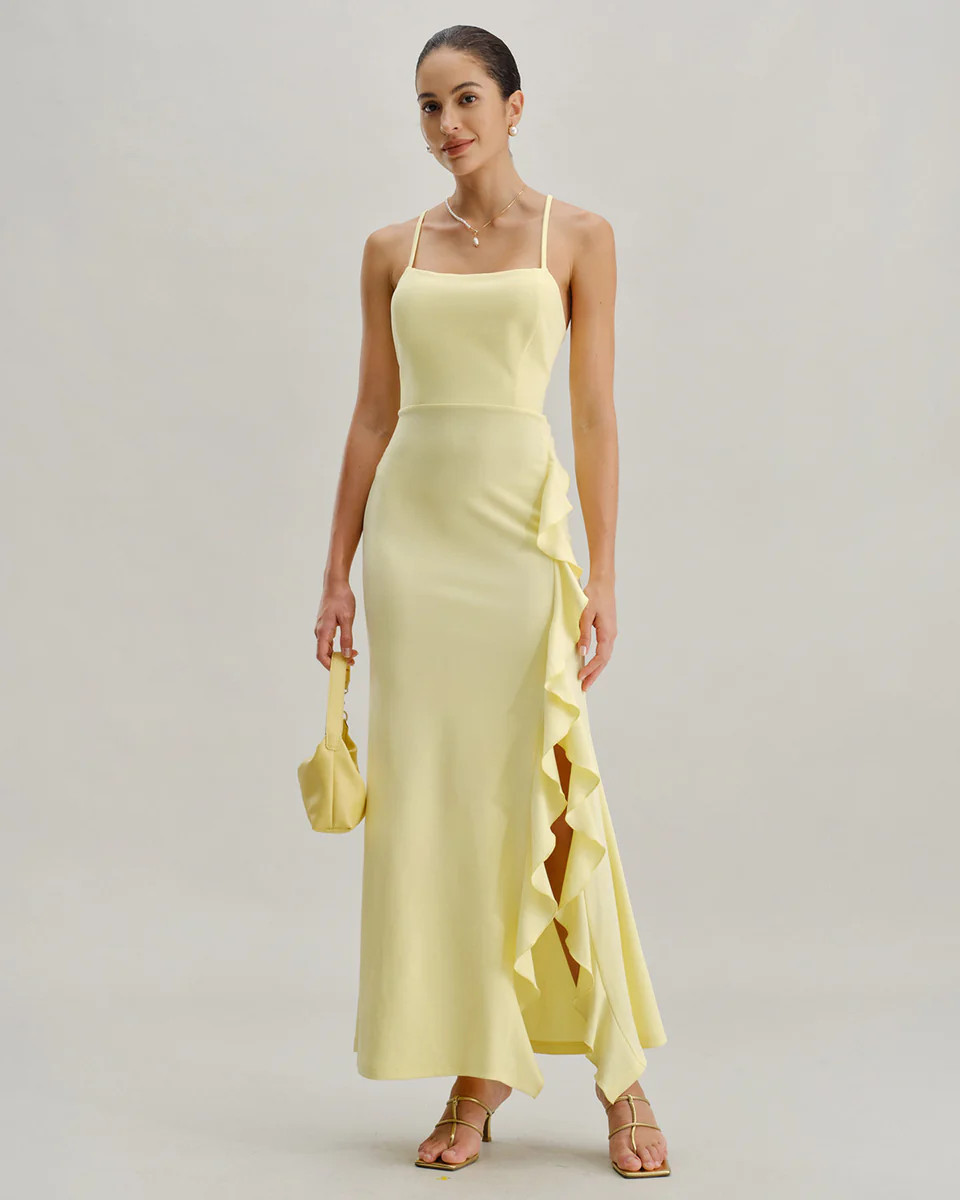 Yellow Ruffle Backless Slit Slip Maxi Dress | rihoas.com