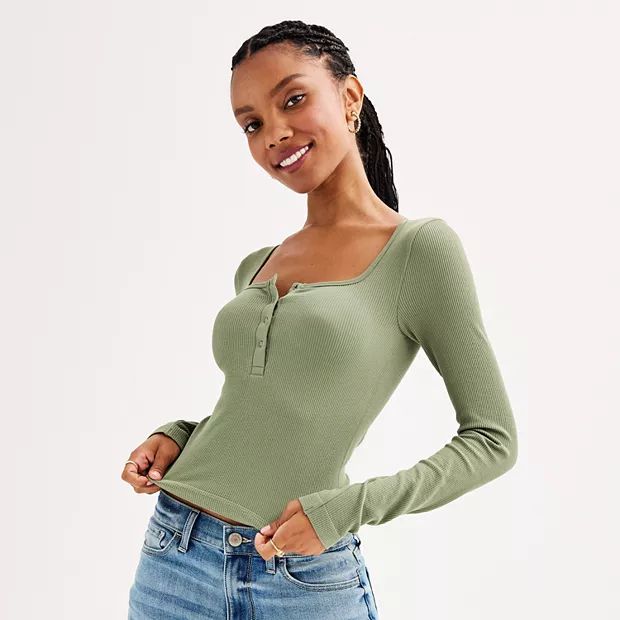 Juniors' SO® Seamless Long Sleeve Square Neck Henley Top | Kohl's