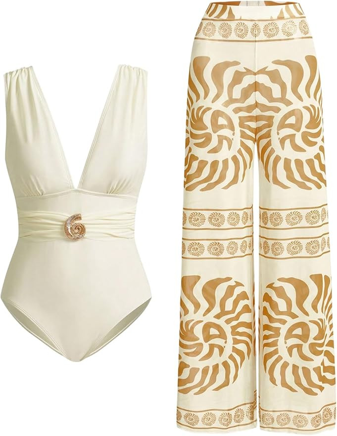 Milumia Women's Metal Deep V Neck One Piece Swimsuit with Printed Beach Pants Cover Up | Amazon (US)