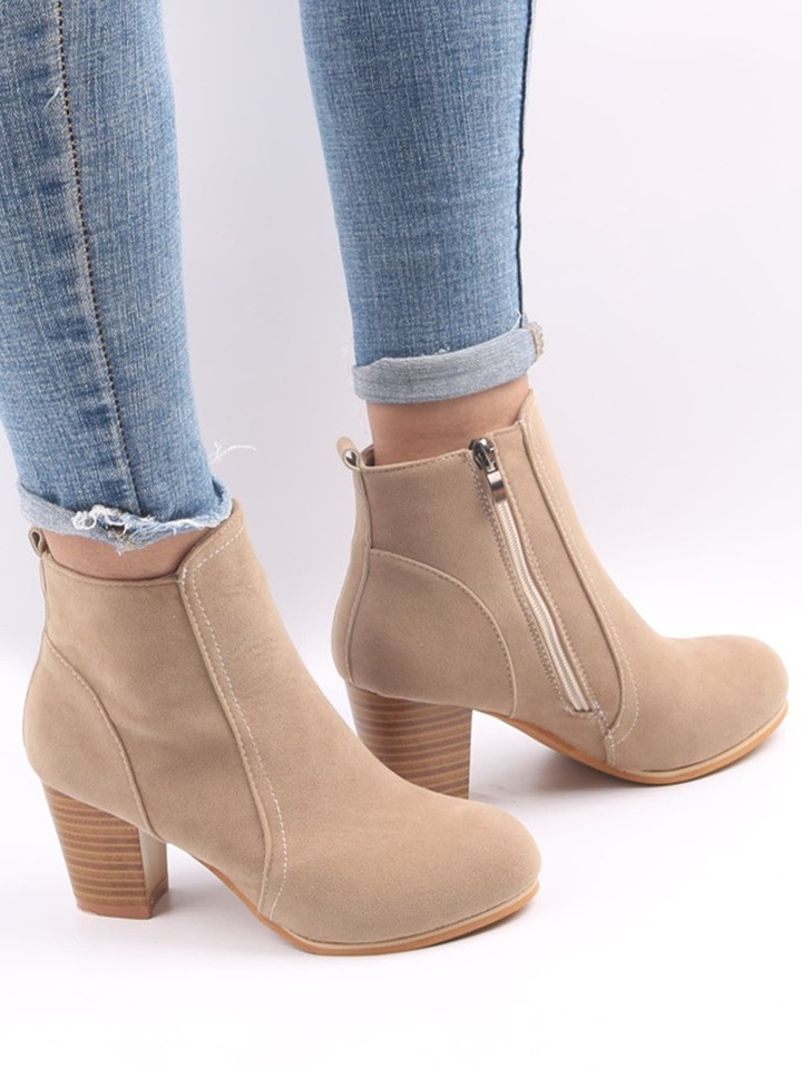 Women Faux Suede Zip Side Boots, Round Toe Chunky Heeled Classic Boots | SHEIN