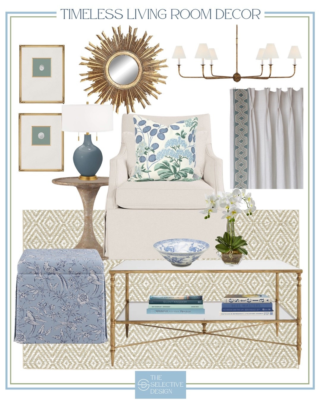 Timeless and classic living room decor 😍 By selecting classic, neutral furniture pieces and accenting them with pops of color, patterns, textures and elegant details - like a glass gold coffee table, you will create a serene and sophisticated space that will stand the test of time! 

Intaglios, sunburst mirror, gold living room chandelier, upholstered accent chair, living room chair, curtains with trim, neutral curtains, custom curtains, living room side table, living room accent table, blue lamp, blue floral pillow, blue upholstered ottoman stool, classic contemporary home decor, southern home decor, southern traditional home decor, living room decor, living room inspiration, living room inspo, timeless decor, timeless home decor, classic home decor, traditional home decor, elegant home decor, timeless living room, Grandmillennial living room, Grandmillennial home decor, classic home, traditional home, timeless home, coffee table styling, pinch pleat curtains, kid friendly rug, neutral living room rug, diamond sisal rug, living room design, southern traditional living room 

#LTKHome #LTKSaleAlert