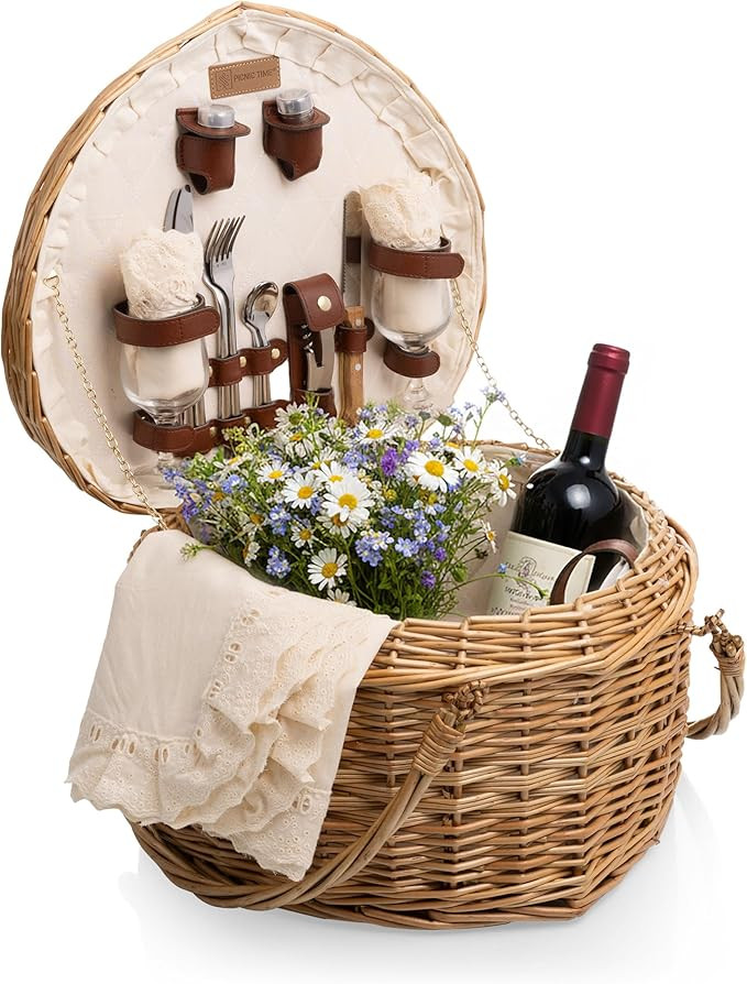 PICNIC TIME Heart Picnic Basket for 2, Wicker Basket with Handle, Complete Deluxe Service for Two... | Amazon (US)