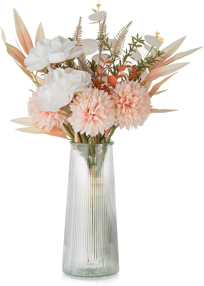 Blosmom Fake Flowers in Vase: Champagne Artificial Flower Bouquet in Glass Vase Centerpiece Dinni... | Amazon (US)