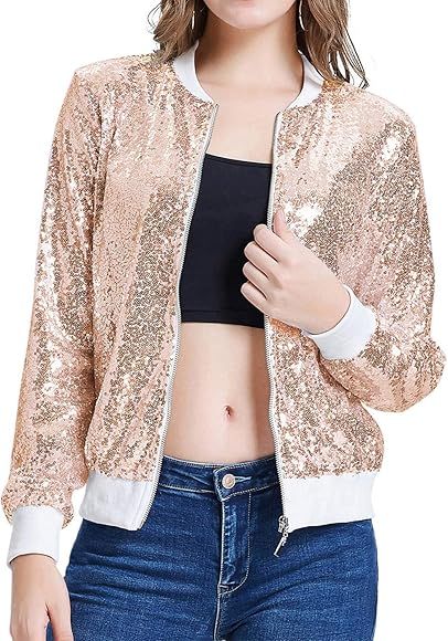 KANCY KOLE Womens Sequin Jacket Casual Long Sleeve Front Zip Party Bomber Blazer with Pockets S-2... | Amazon (US)