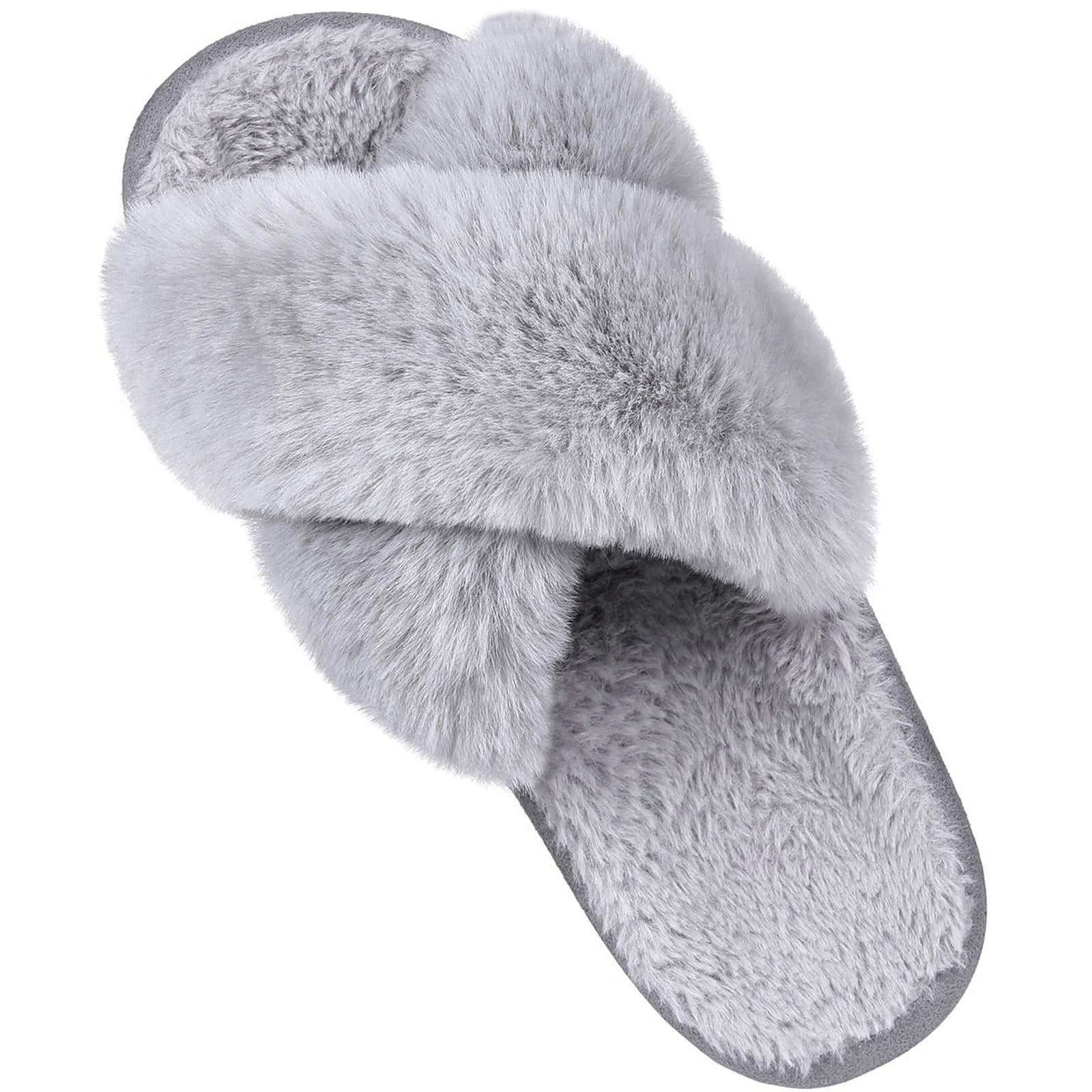 Litfun Women's Fuzzy Slippers Plush Cross Band Open Toe House Thick Sole Slippers, Grey, Size 7-8 | Walmart (US)