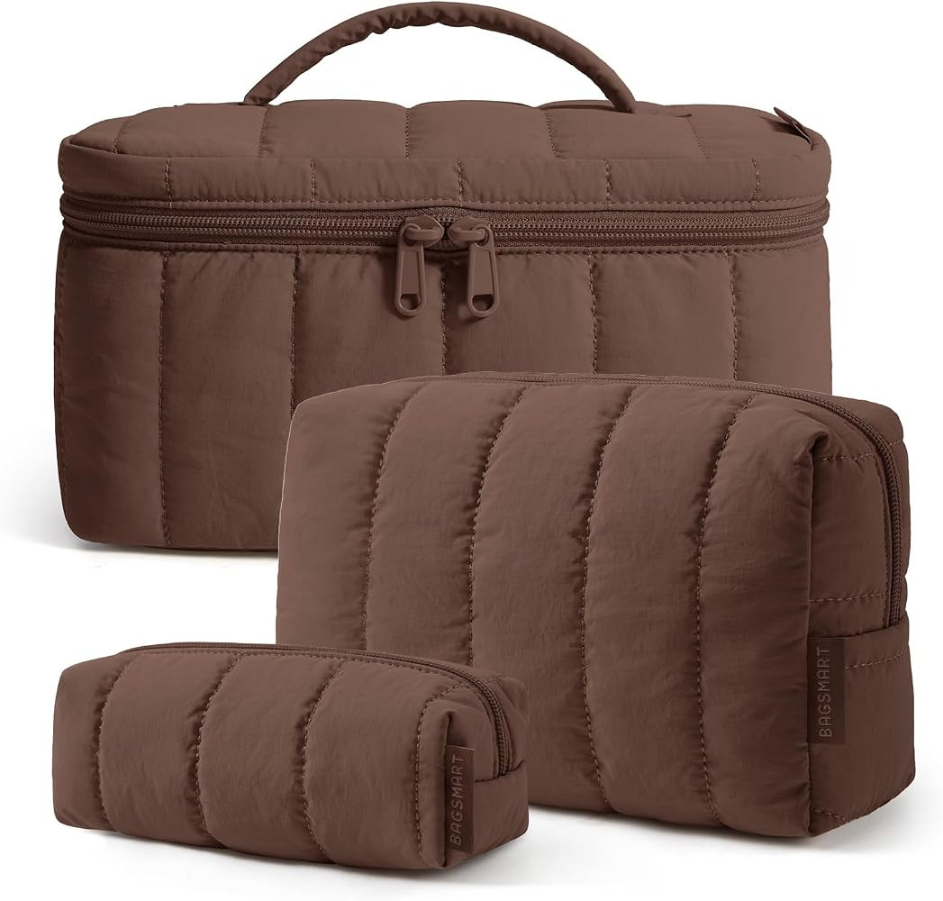 BAGSMART Puffy Travel Makeup Set, 3 Pc Cosmetic Pouch, Chocolate Brown | Amazon (US)