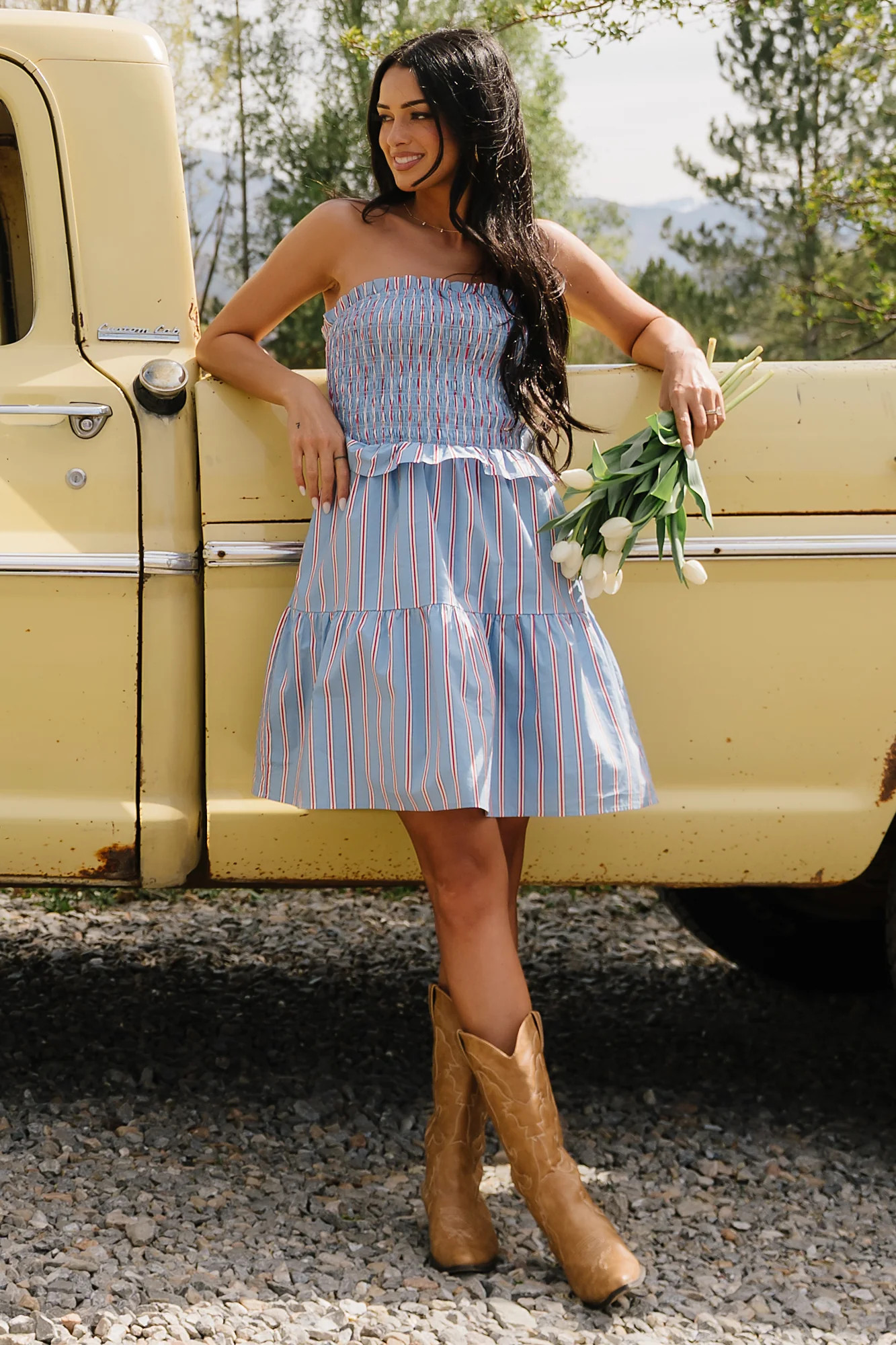 Madelyn Strapless Short Dress | Light Blue Stripe | Baltic Born