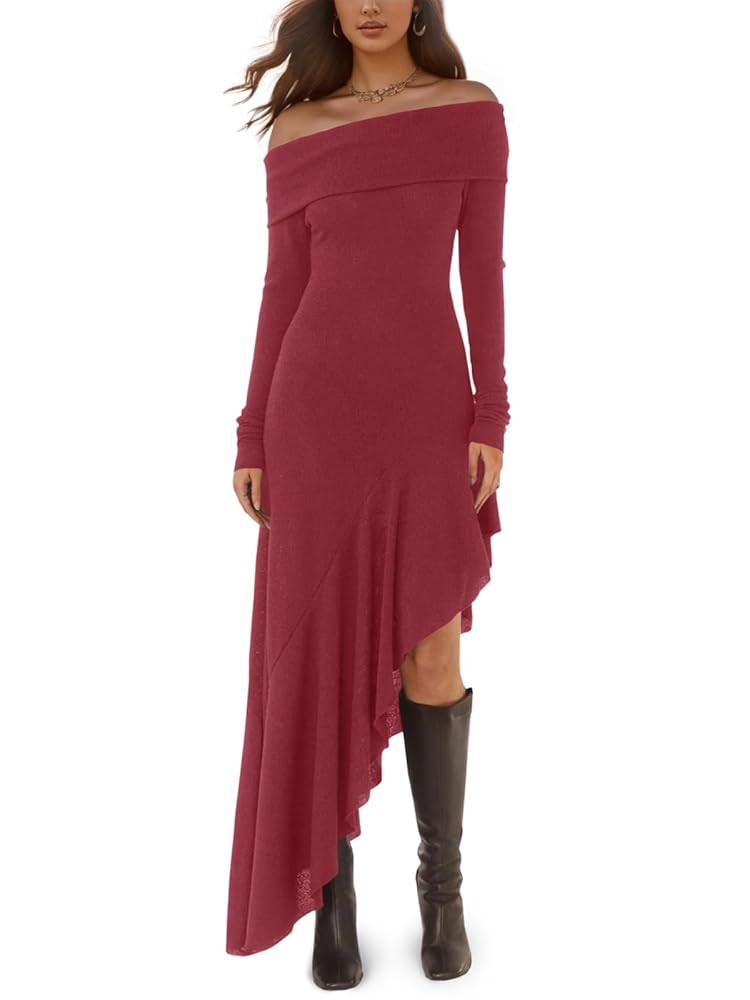 Fisoew Women's Off The Shoulder Long Sleeve Maxi Dress Fall Casual Ruffle Irregular Hem Wedding G... | Amazon (US)