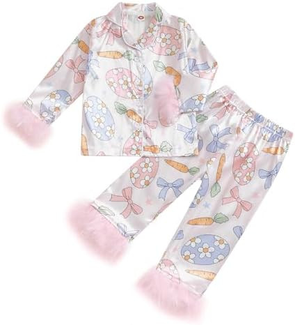 Toddler Kids Baby Girl Solid Pjs Ruffle Long Sleeve Button Shirt Top and Pants Cotton 2Piece Paja... | Amazon (US)