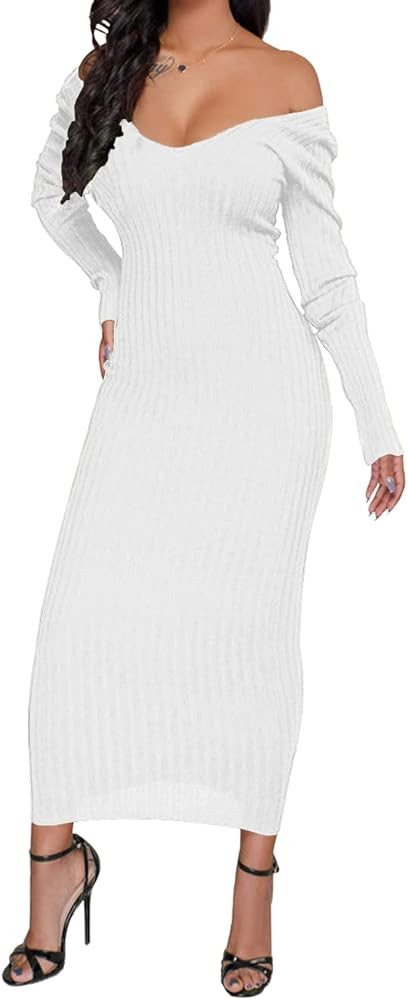SheKiss Women's Off Shoulder Long Sleeves Bodycon Sweater Dress Sexy Knit Slim Cardigans | Amazon (US)