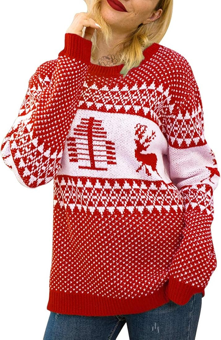 EXLURA Patterns Reindeer Ugly Christmas Sweater Jumper Pullover Tops | Amazon (US)