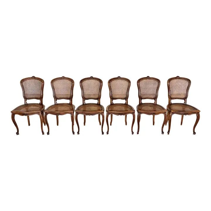 Vintage French Provincial Louis XV Style Carved Walnut & Cane Dining Chairs - Set of 6 | Chairish