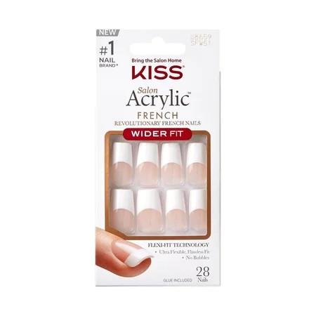 KISS Acrylic French False Nails Kit Long Coffin Wide Fit Design Nail Classic White Color French Tip Nails Ready to Wear Gel & Manicure Stick included Long-Lasting Convenient & Easy to Apply | Walmart (US)